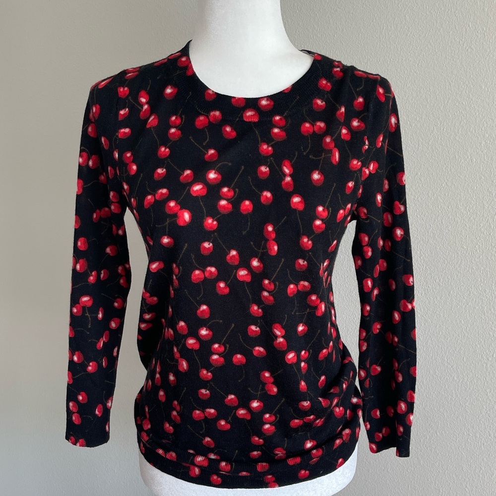 J Crew Wool Cherry Print Black Top Size S
